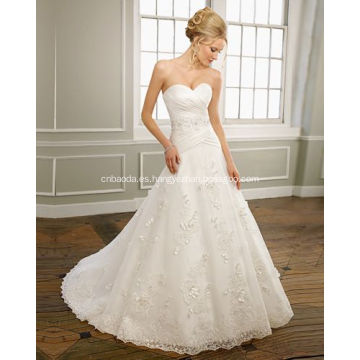 A-LINE Sweetheart Strapless Satin Organza Capilla Capilla Train Beading Vestido de novia con volantes